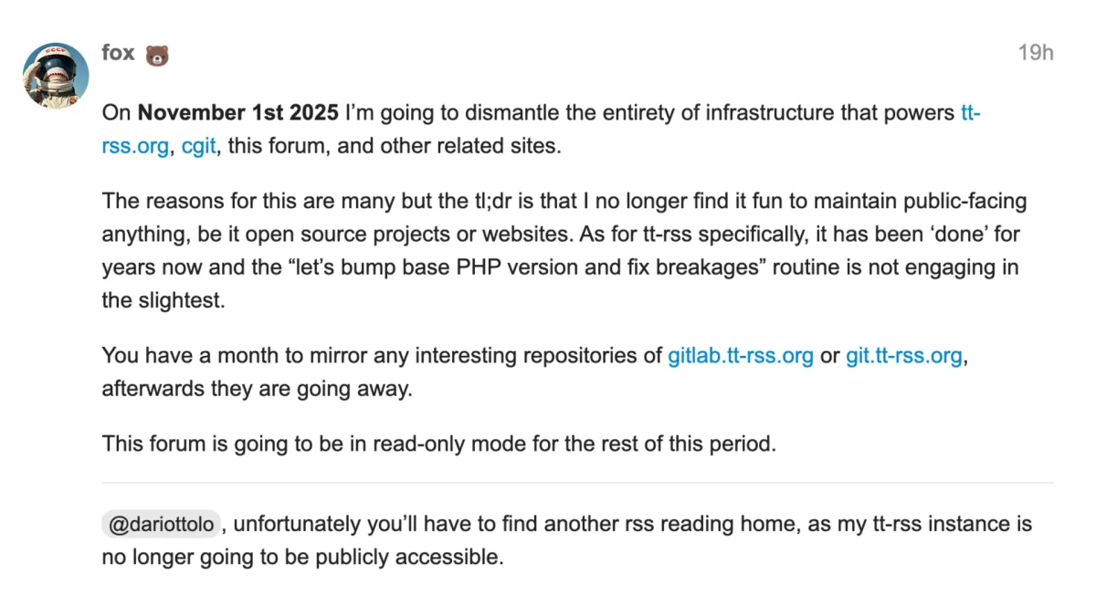 Tiny Tiny RSS shuts down on November 1 amid declining infrastructure support