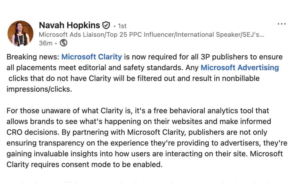 Microsoft Advertising requires Clarity for third-party publishers