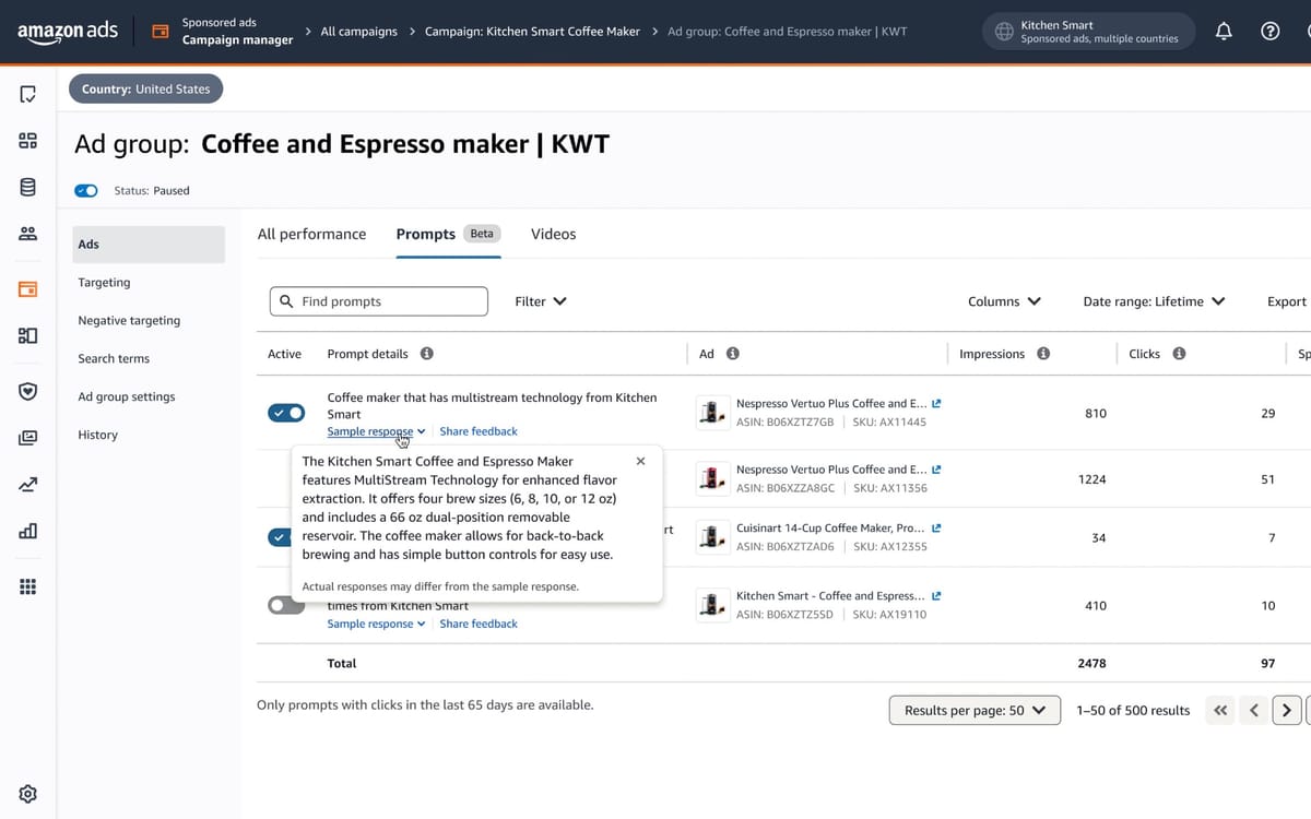 Amazon launches free AI prompts for sponsored ad campaigns