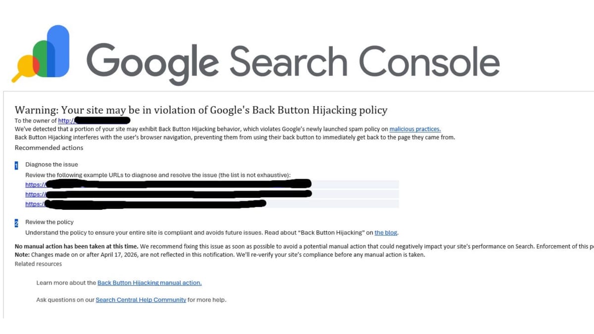 Google starts sending Search Console warnings for back button hijacking