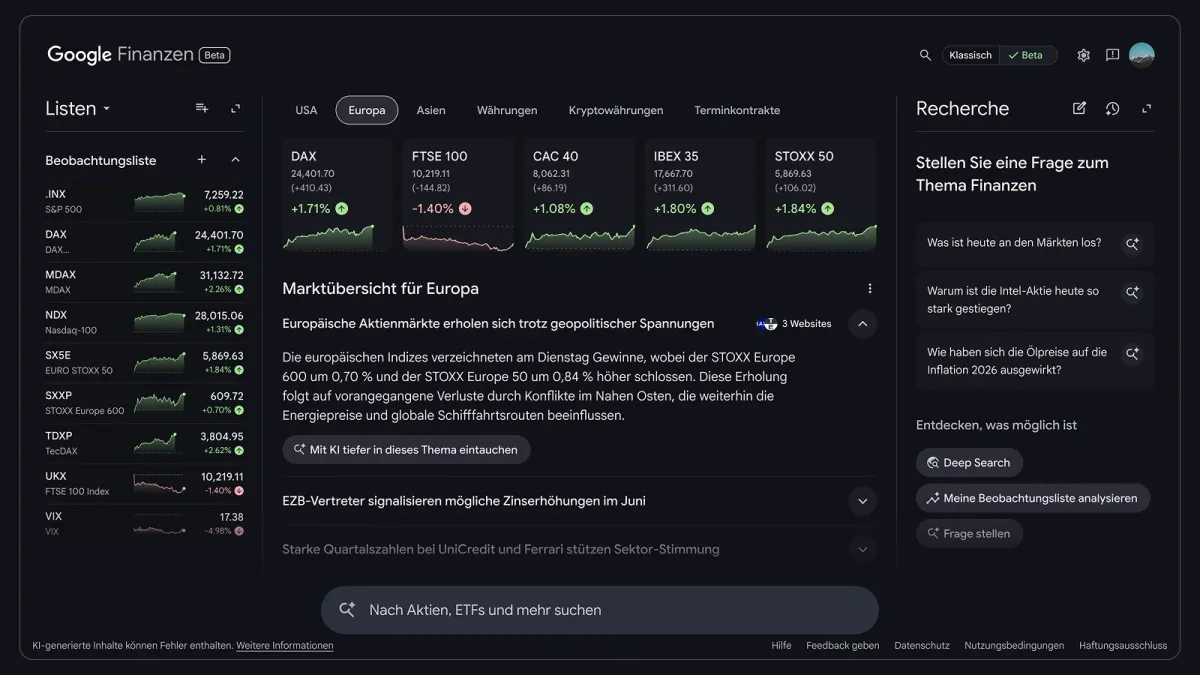 Google Finance AI lands in Europe with Deep Search now global