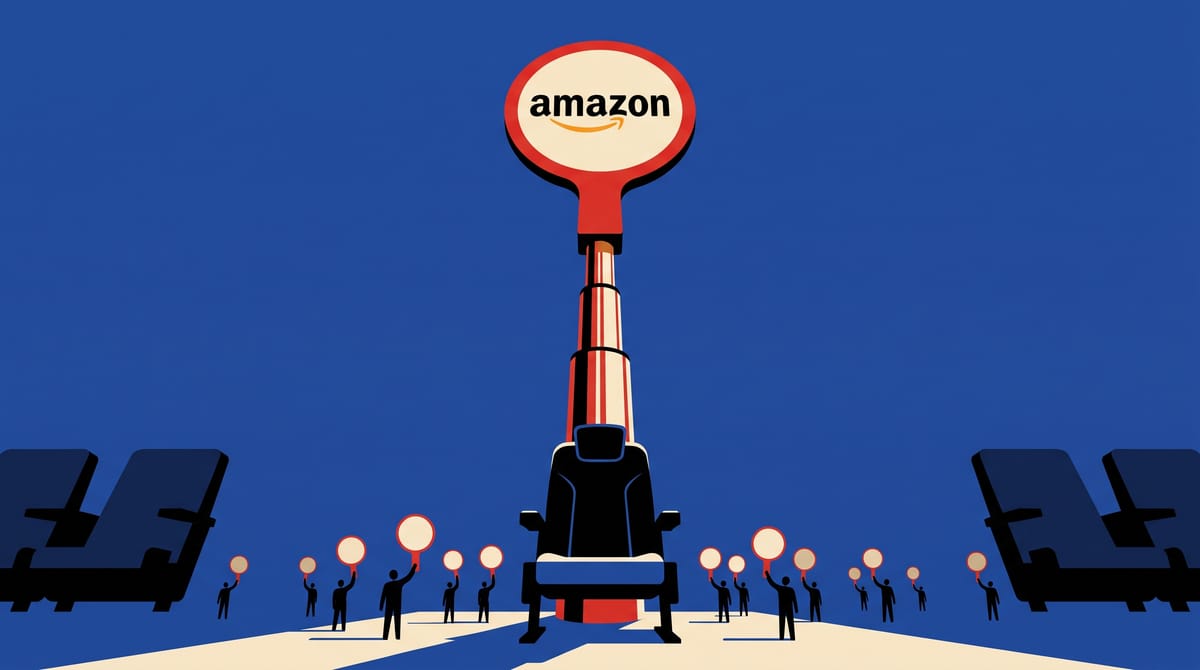 Imagen: PPC Land Ilustración de una paleta gigante de Amazon levantándose desde un asiento vacío sobre anunciantes que suben sus propias ofertas