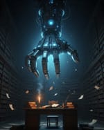 Robotic hand looming over a publisher's desk as papers scatter in a darkened library.