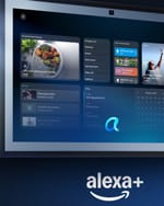 Echo Show display featuring Alexa+ home screen with recipes, shopping lists, smart home controls, and calendar