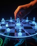 Hand manipulating holographic chess pieces on digital board symbolizing AI search optimization tactics