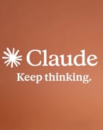 Claude AI logo with "Keep thinking" tagline on orange background promoting ad-free assistant experience.