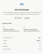 Meta Ads Manager connector inside Manus AI, enabling performance analysis and automated reporting.