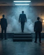 Three suited executives face a foggy wall as ad industry power shifts reshape digital advertising.