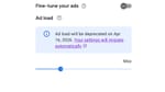 The AdSense ad load slider set near mid-range, showing deprecation notice for April 16, 2026.