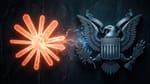 Claude AI starburst logo clashes with US government eagle seal in legal battle over AI safety.