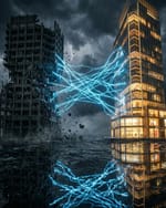 Crumbling ad agency tower vs gleaming retail skyscraper, electric AI disruption between them.