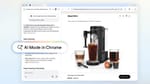 Chrome split-screen showing AI Mode answering cleaning questions beside Ninja coffee maker page