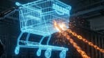 Digital shopping cart under tension between AI robotic arm and chains inside Amazon server room