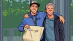 Two men posing together at Google HQ, one holding a Google tote bag, pixel art style.