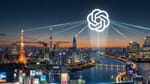 OpenAI logo beaming signal lines over Tokyo and Seoul skylines at dusk