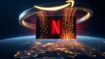 Amazon data streams flow into Netflix screen above illuminated Europe map