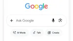 Google Search app showing AI Mode, Talk, and Create buttons below the search bar