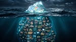 Iceberg with Meta, Google, Amazon logos above water, small businesses submerged below