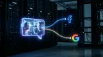 Chat bubble transmitting data streams to Facebook and Google logos in a dark server room.