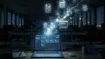 AI app builder on laptop leaking corporate files and medical data into the open web at night.