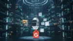 A smartwatch floats inside a data warehouse as Google AI structures its product feed attributes.