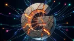 Cracked Google G monument with glowing fissures, threads connecting rival AI platforms.