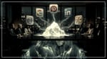 Iceberg rises through boardroom table as OpenAI, Google, Pinterest, LinkedIn, Walmart logos hover.