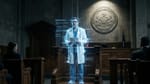 Holographic AI doctor glitching in Pennsylvania courtroom beneath the Commonwealth seal