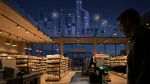 Retail store checkout with Google Ads and Analytics data pipeline flowing overhead at night