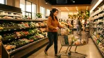 Shopper pushes cart past produce aisle with in-store speaker overhead, Southern California grocery