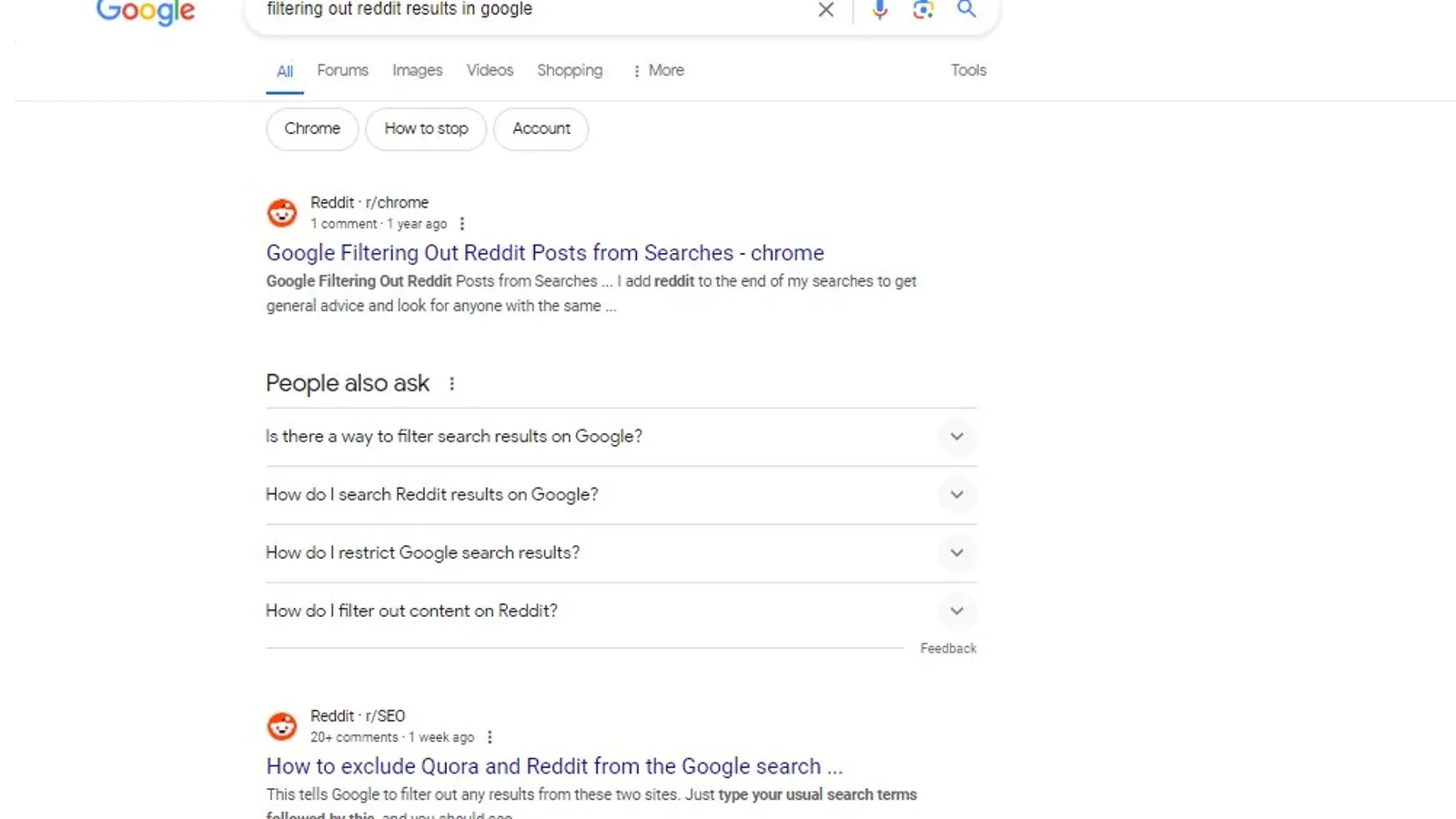 Filtering out reddit results in Google