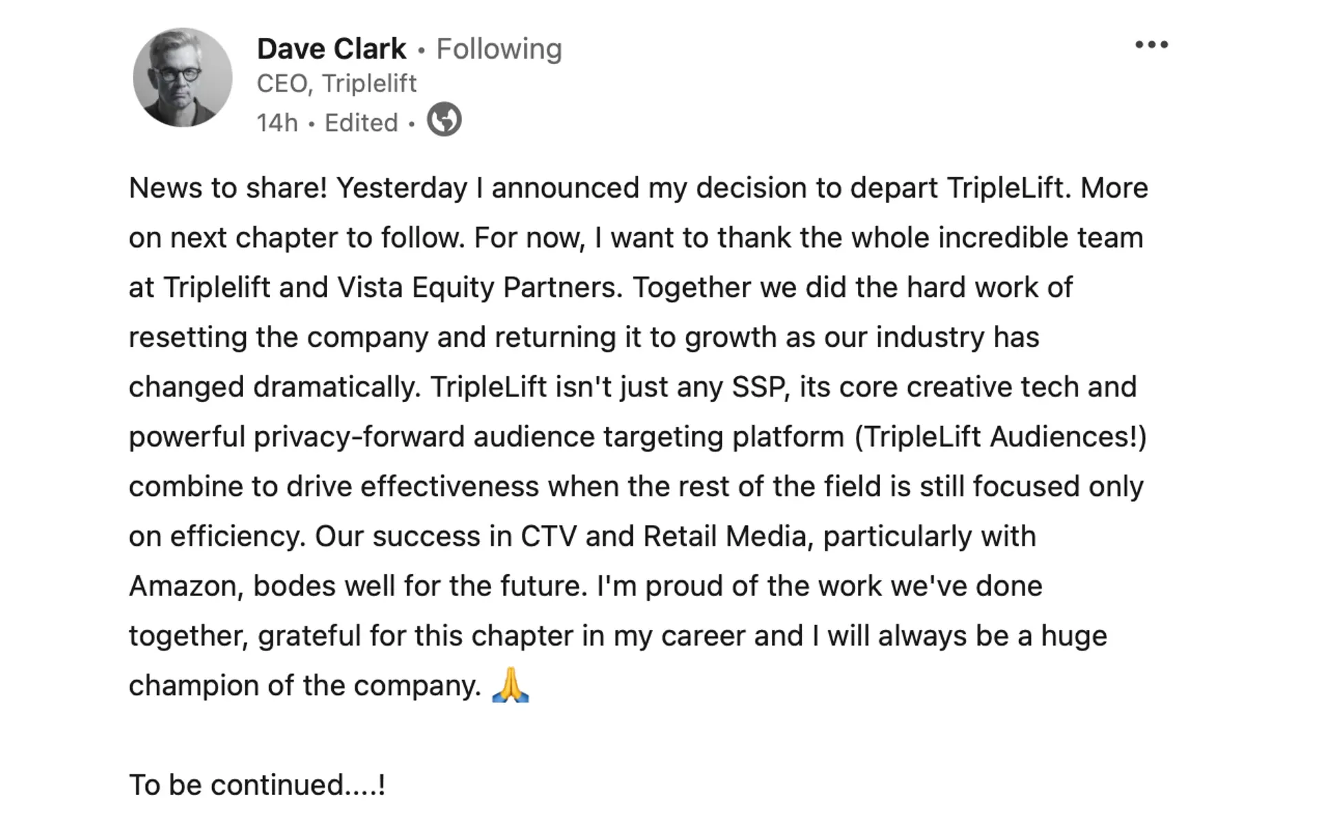 Departure of the CEO Dave Clark