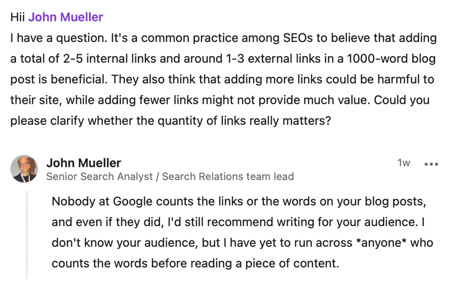 Nobody at Google counts the links or words in blog posts