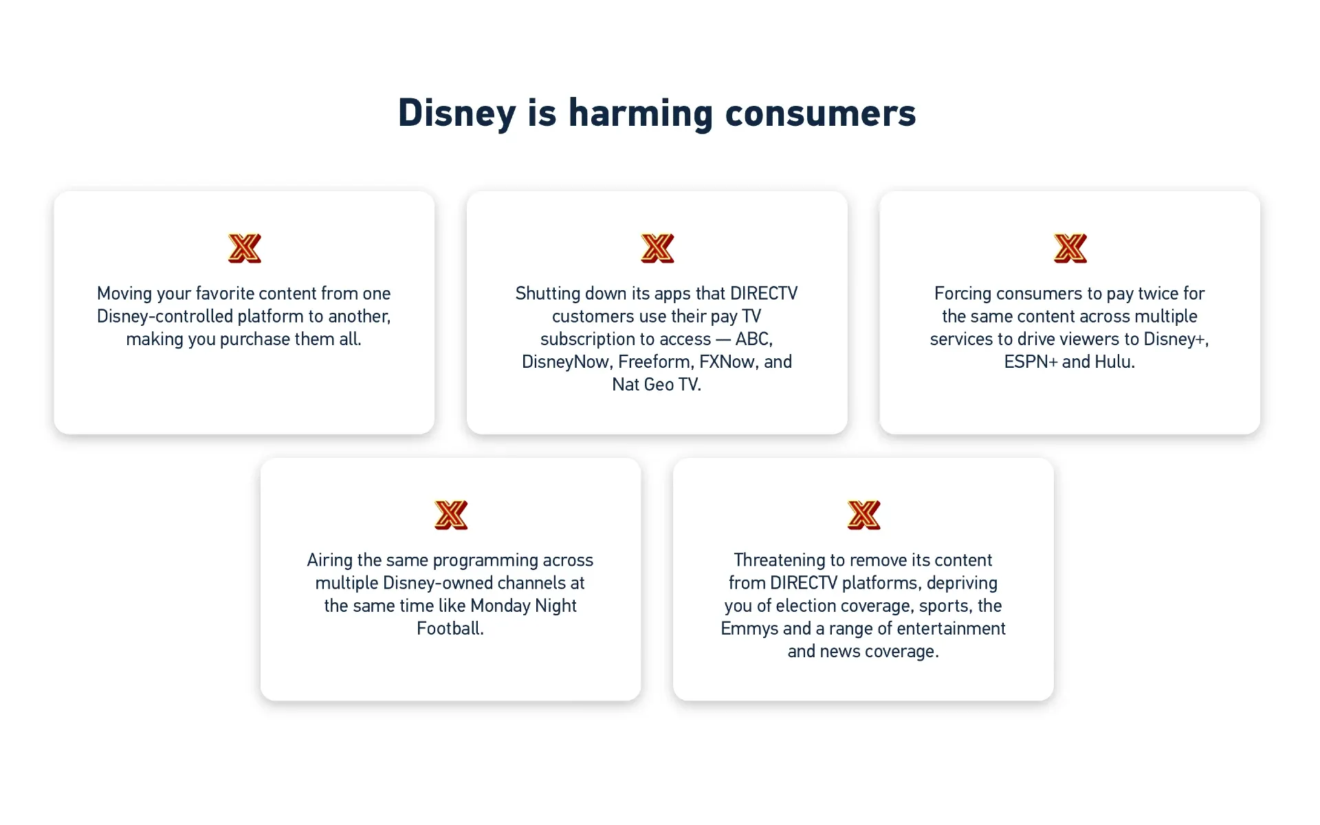 Disney is harming consumers, DIRECTV states on the website unbundledisney.com