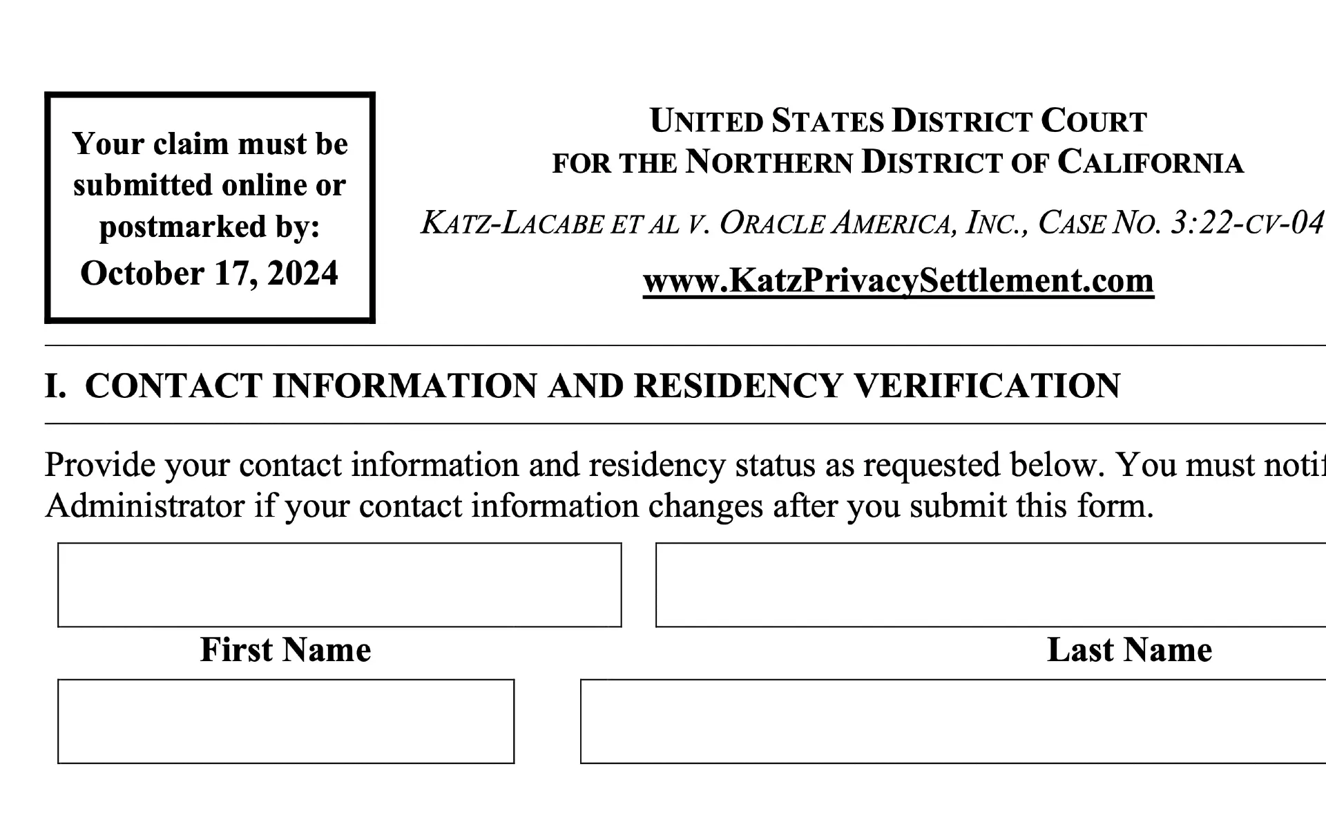 Claim Form KATZ-LACABE ET AL V. ORACLE AMERICA, INC., CASE NO. 3:22-CV-04792