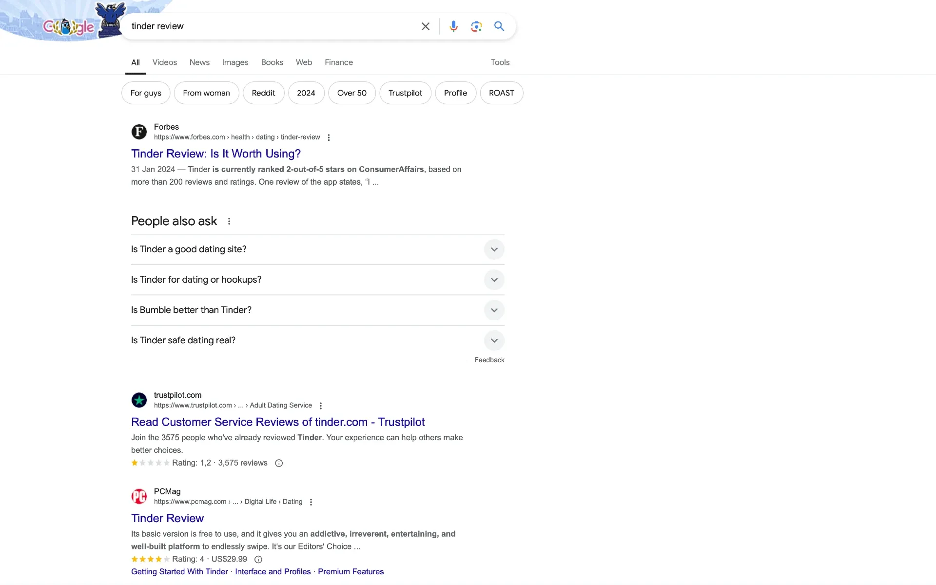 Image of Google search results page for the query "tinder review"