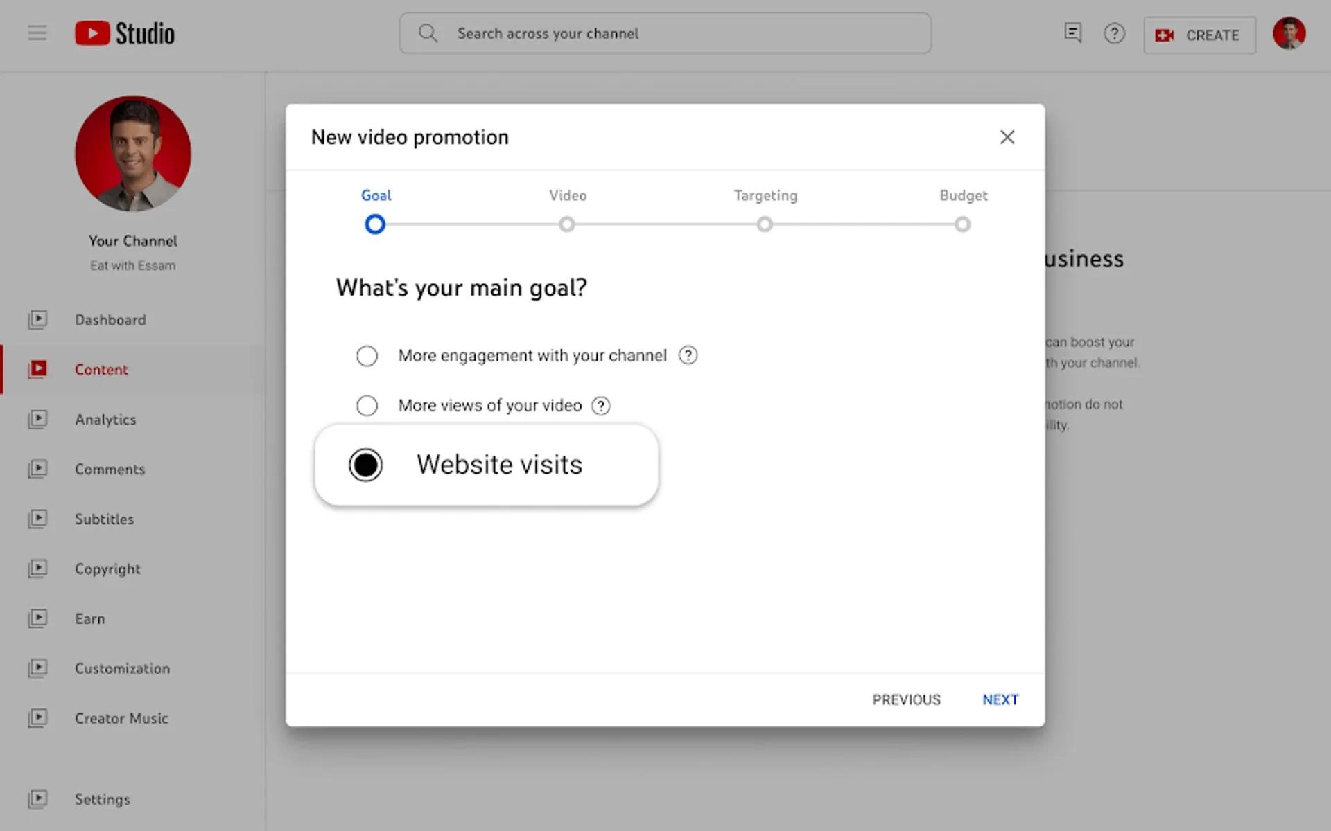 YouTube Studio - new website visits goal
