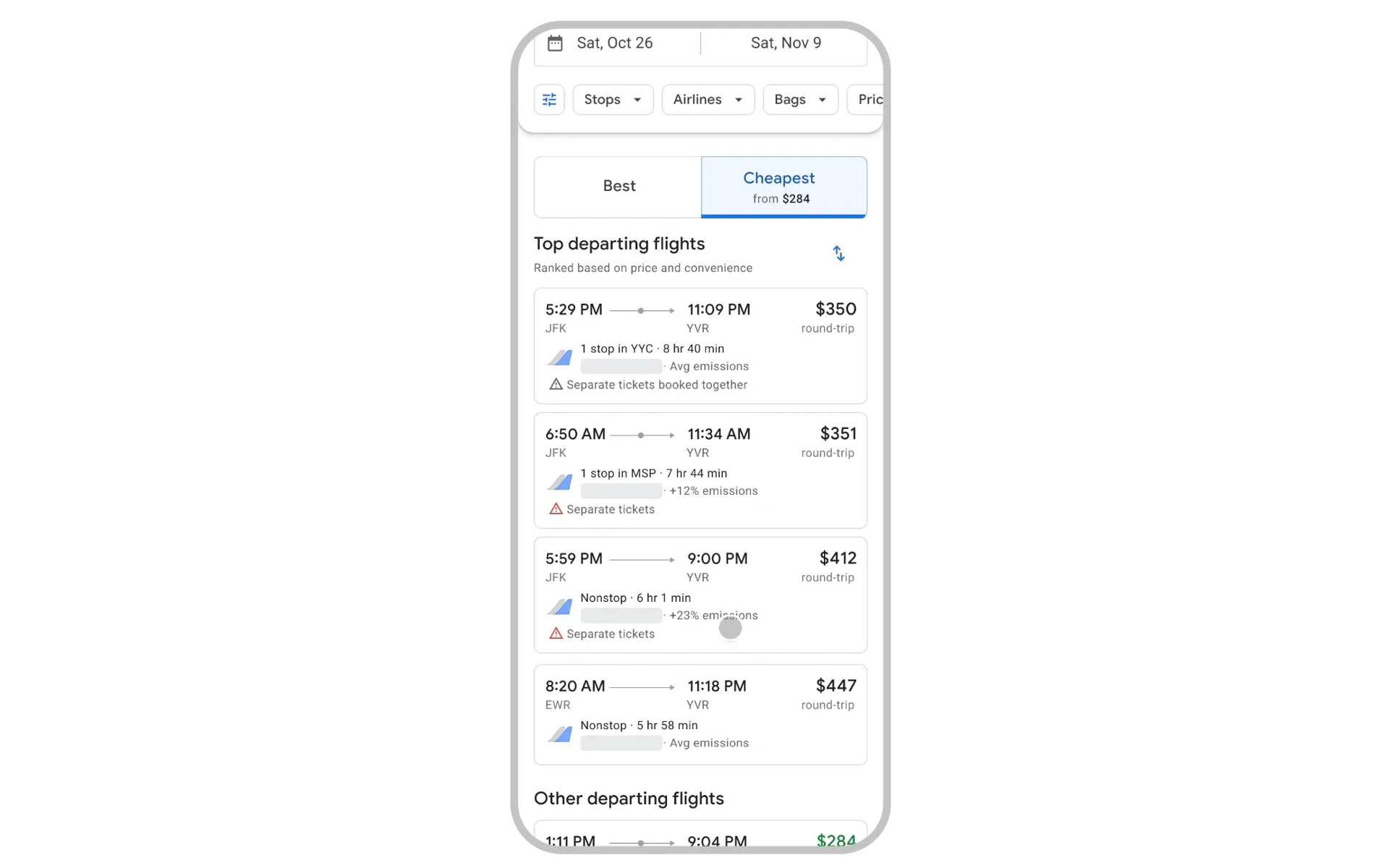 Cheapest tab in Google Flights search results