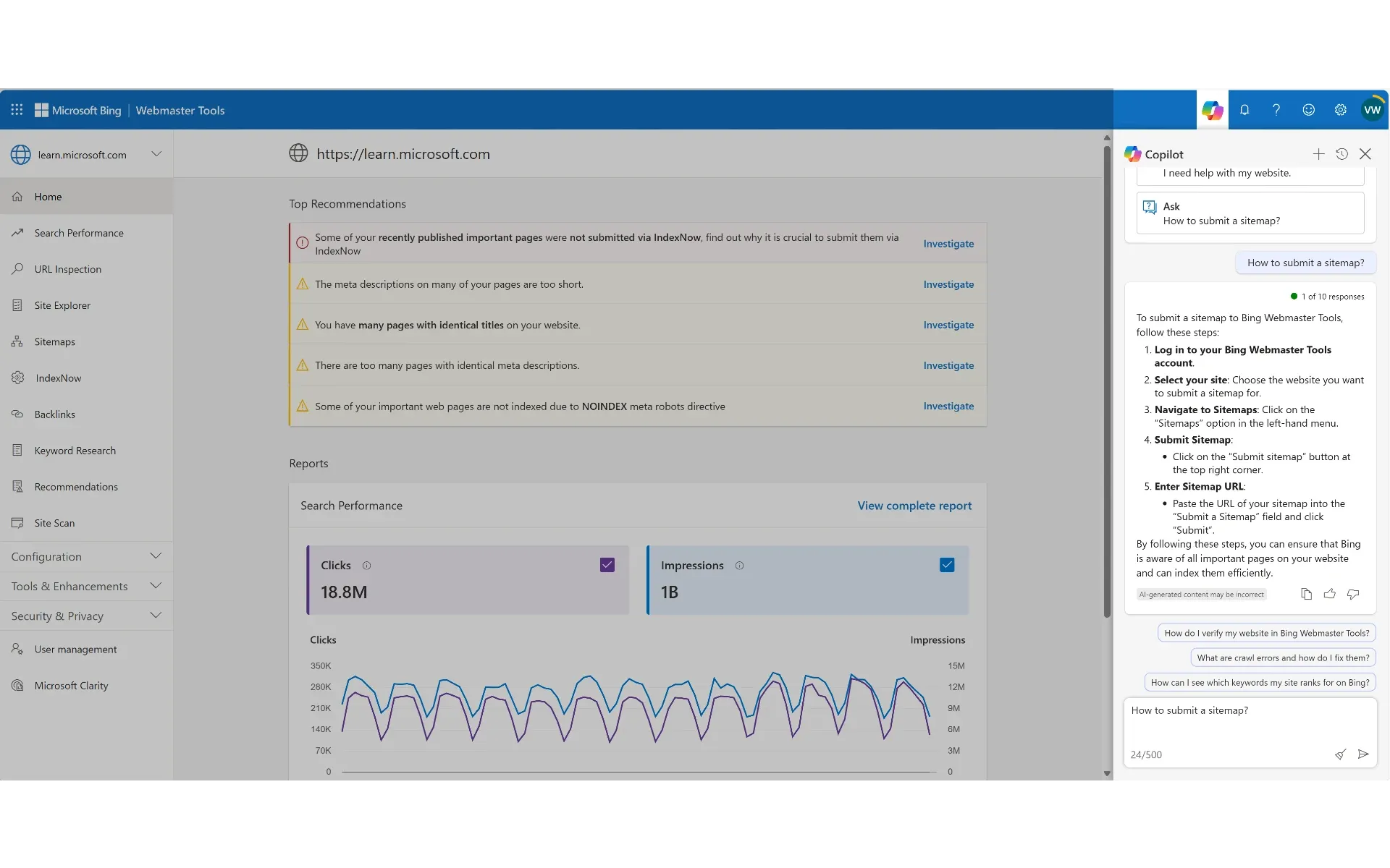 Copilot in Bing Webmaster Tools