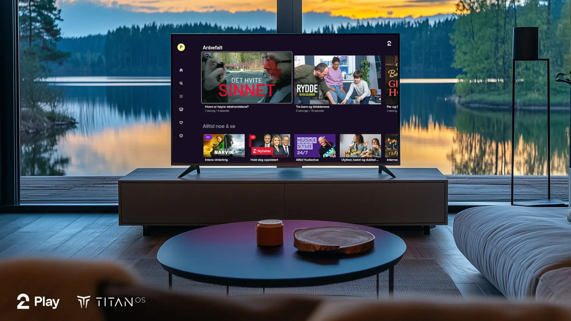 Image shows TV 2 Play app interface on Philips TV with scenic Norwegian lake backdrop, highlighting Nordic content