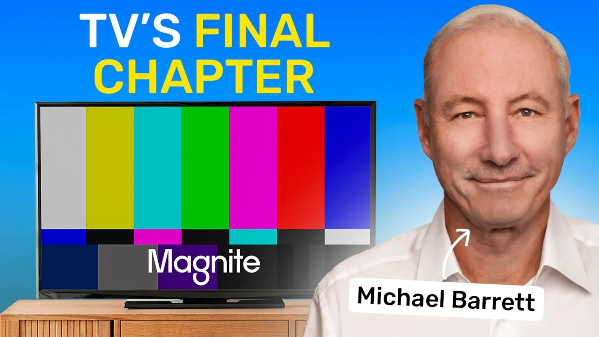 Michael Barrett, Magnite CEO, discusses TV's future on World of DaaS podcast. TV test pattern background.