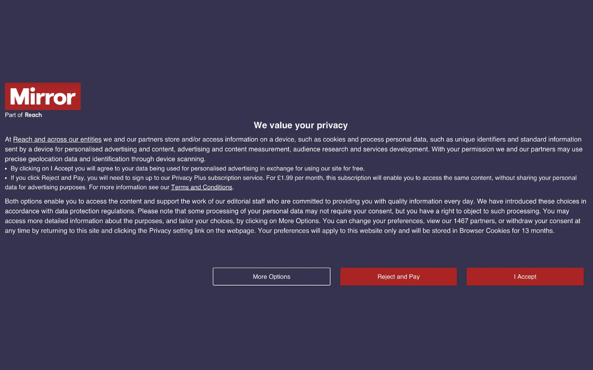 Mirror's privacy consent model: £1.99/month for ad-free access, with clear data collection options and partner info