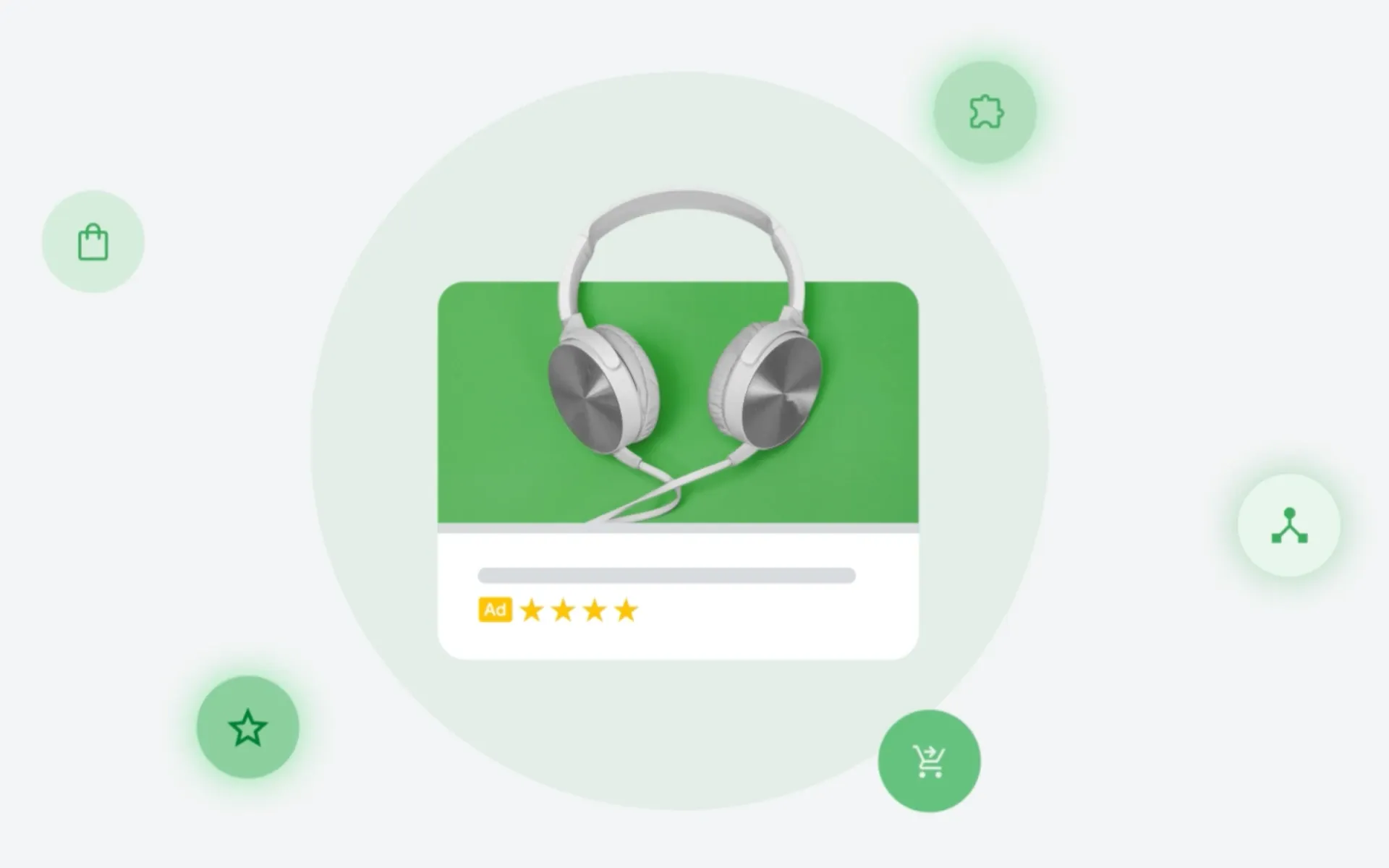 Modern headphones on green display with ad rating stars, showcasing digital advertising performance metrics