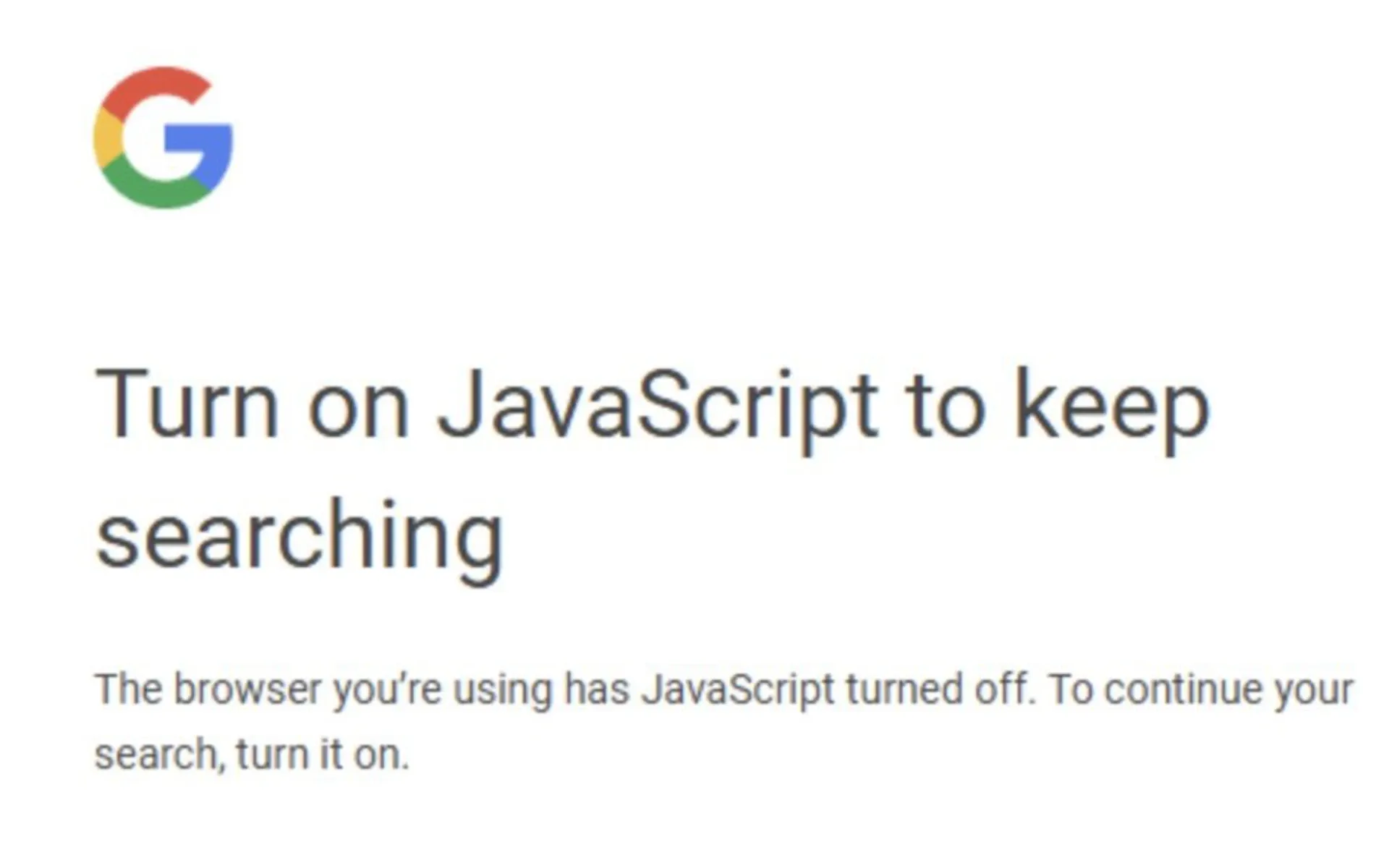 Google's new JavaScript requirement message showing browser warning for users with JavaScript disabled for search.