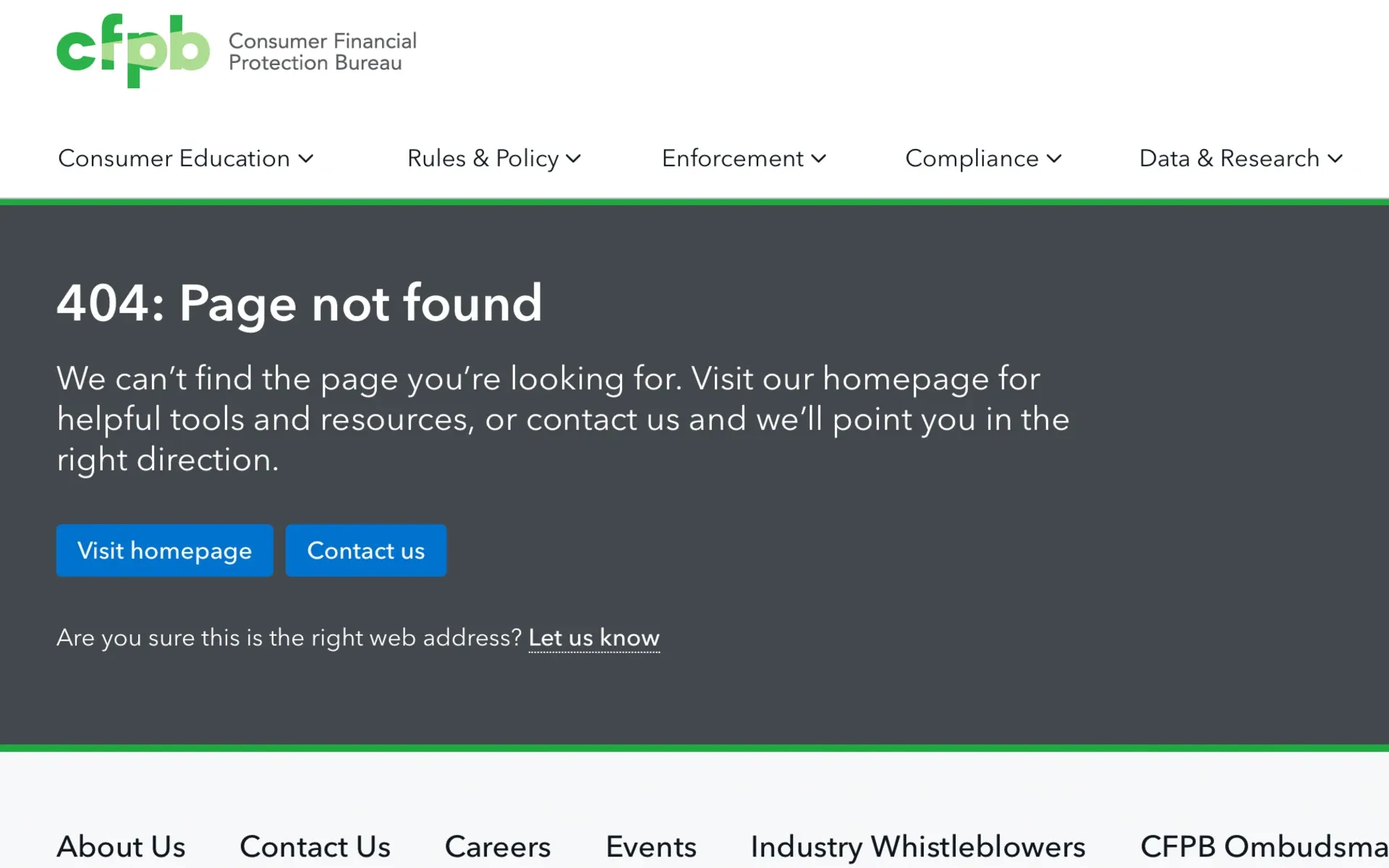 CFPB website shows 404 error as agency suspends operations amid regulatory changes, impacting financial oversight