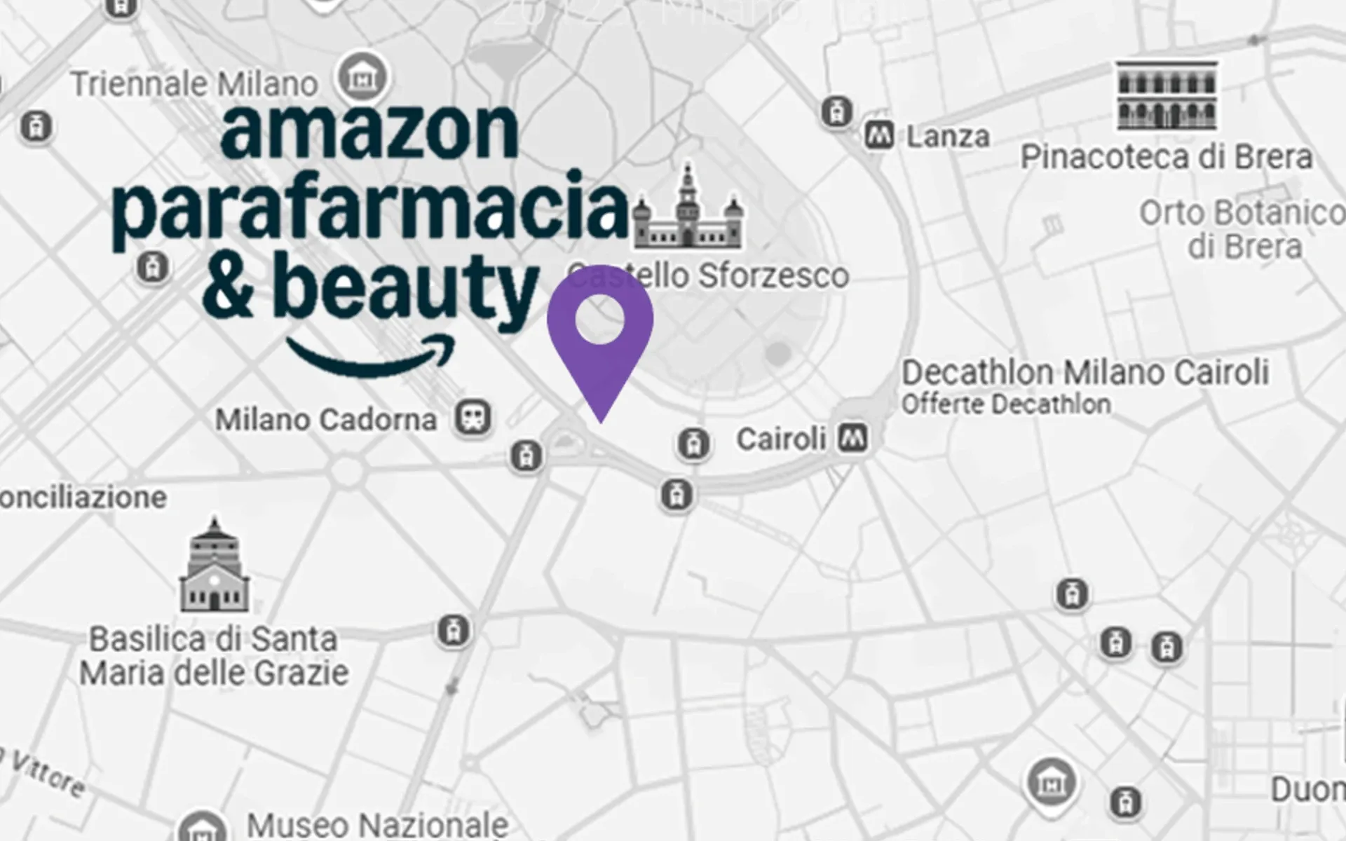 Map shows Amazon Parafarmacia & Beauty location in Milan, near Castello Sforzesco and cultural landmarks.