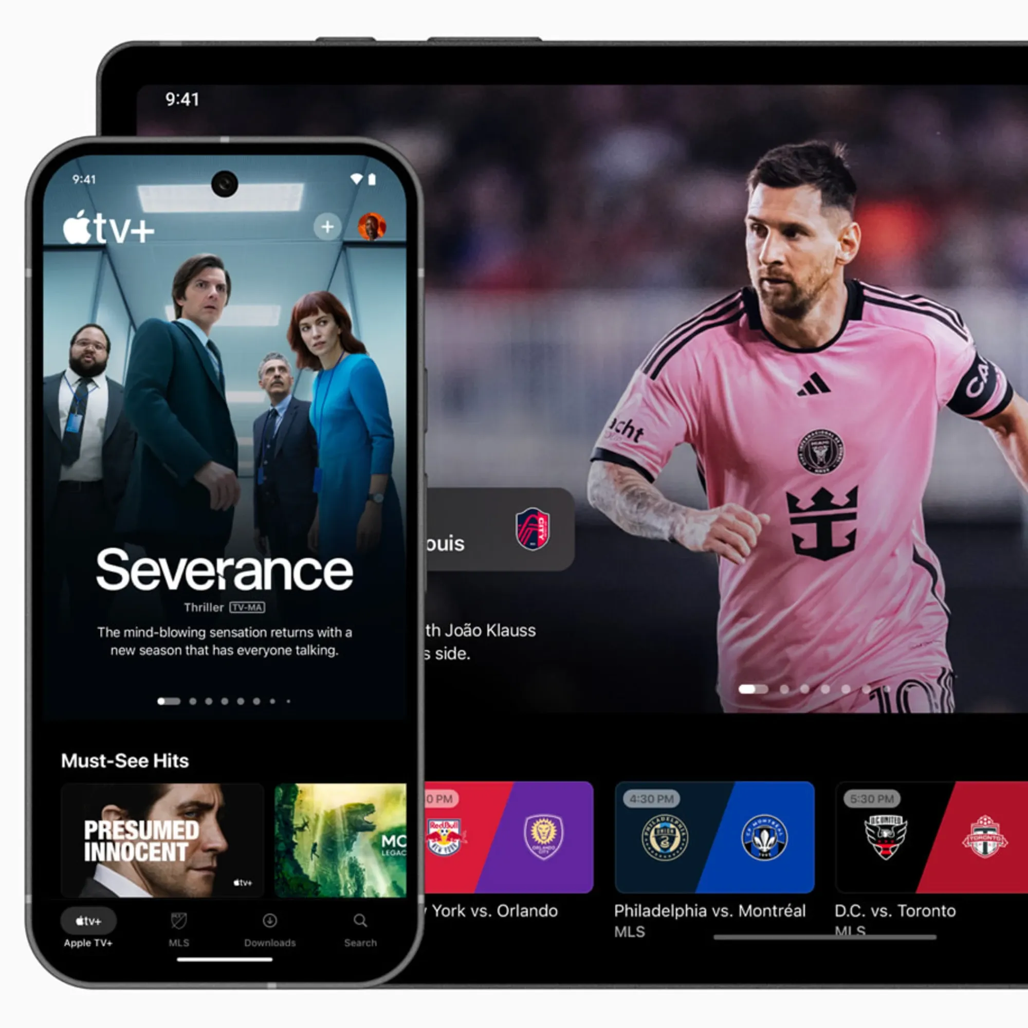 Apple TV+ Android app interface showcasing Severance and MLS matches on phone and tablet screens.