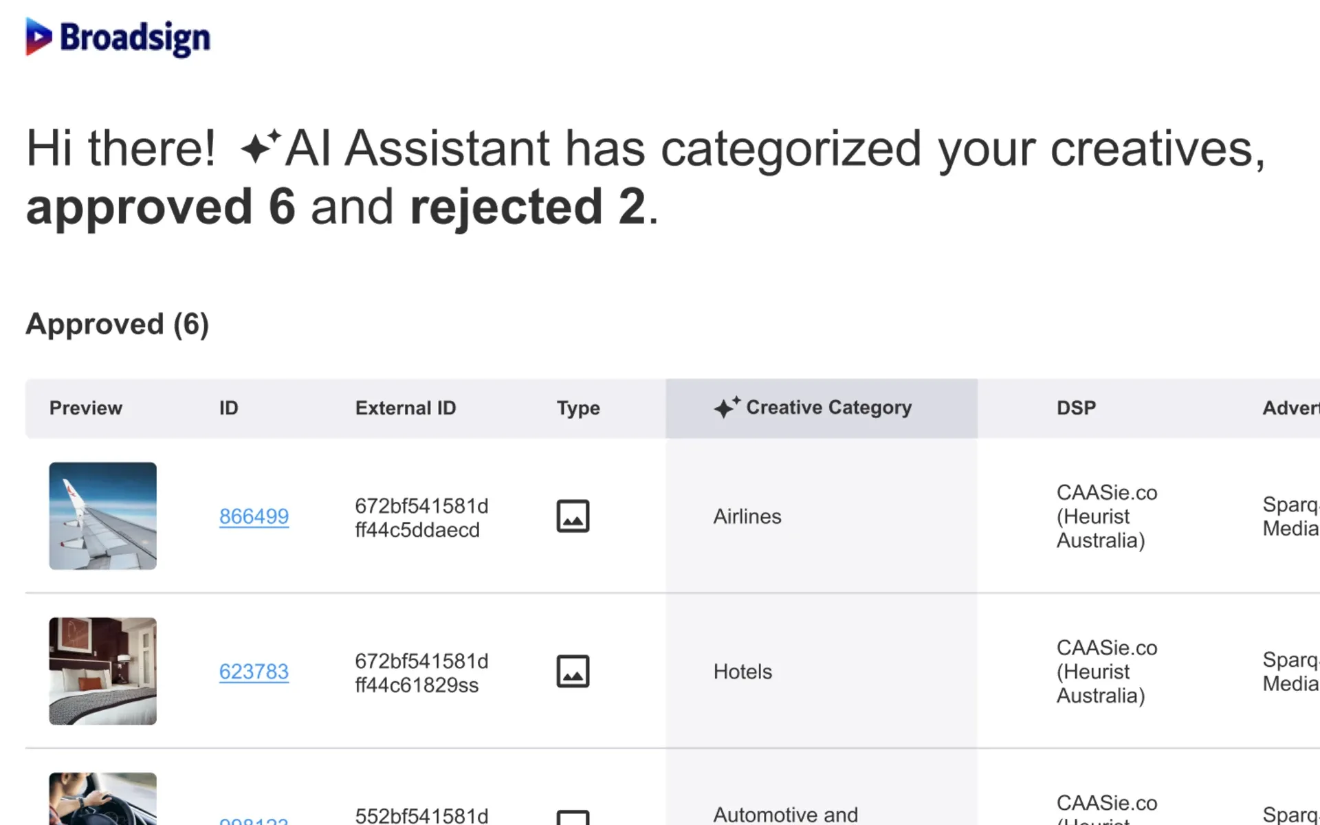 Broadsign AI assistant interface shows automated categorization of OOH ads with airline and hotel creatives