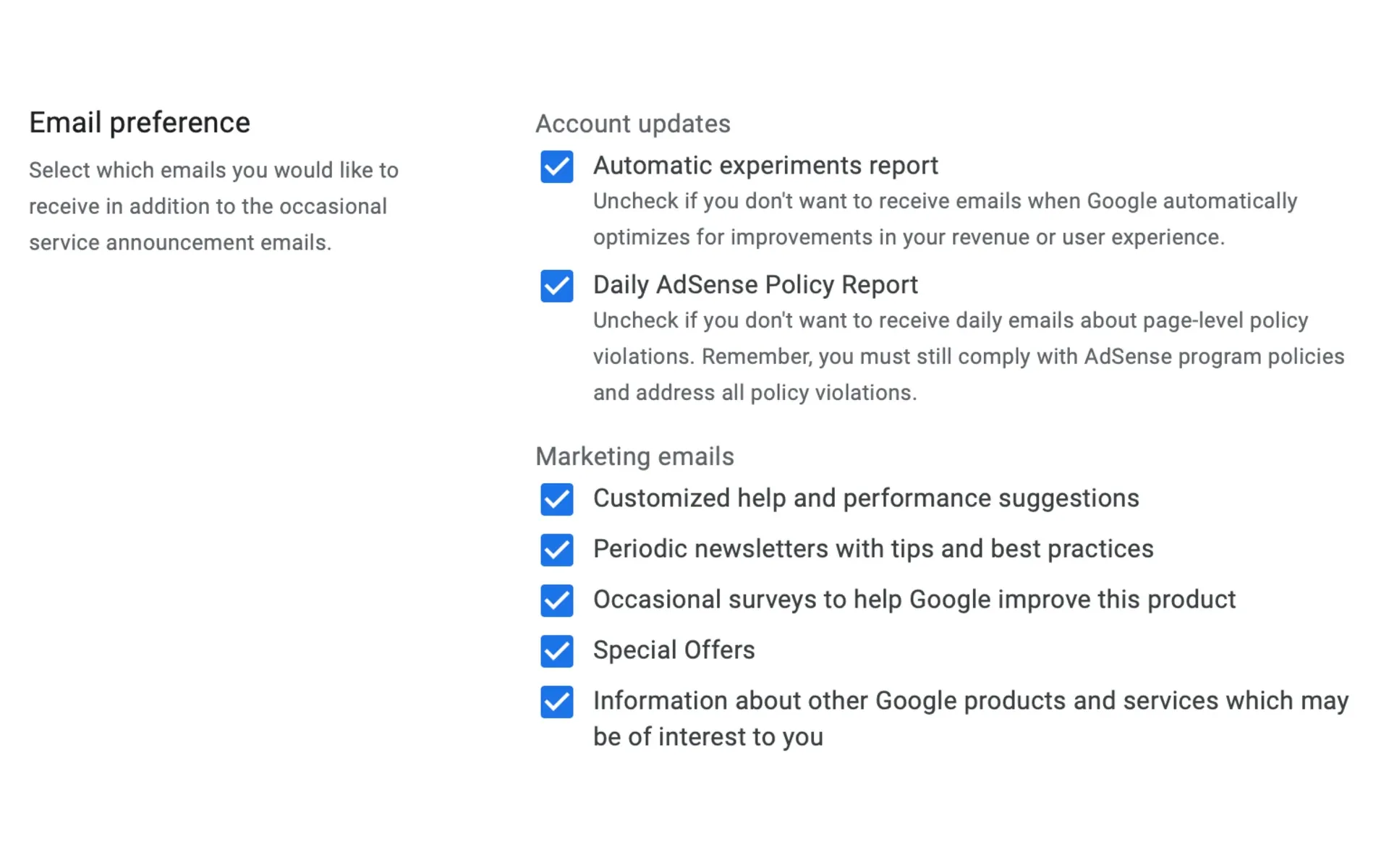 AdSense email preferences interface shows all notification options, including marketing and updates