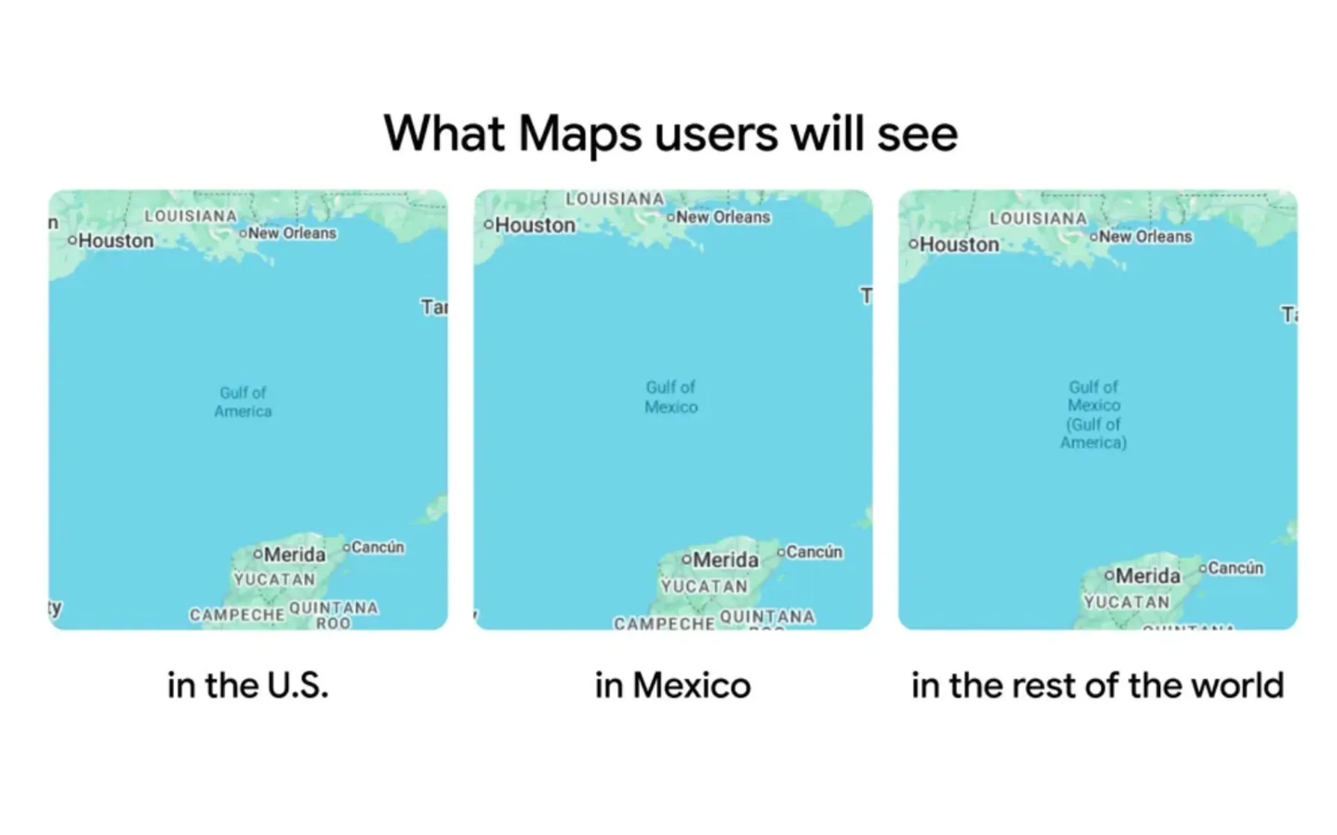 Google Maps displays different names for Gulf waterway based on user location, showing regional naming variations